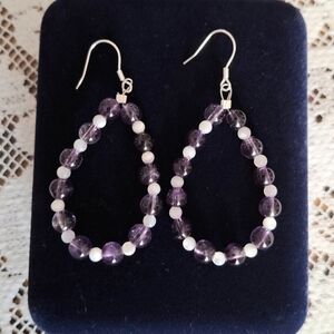 Earrings Amethyst And Mother Of Pearl Beaded Hoops Handmade